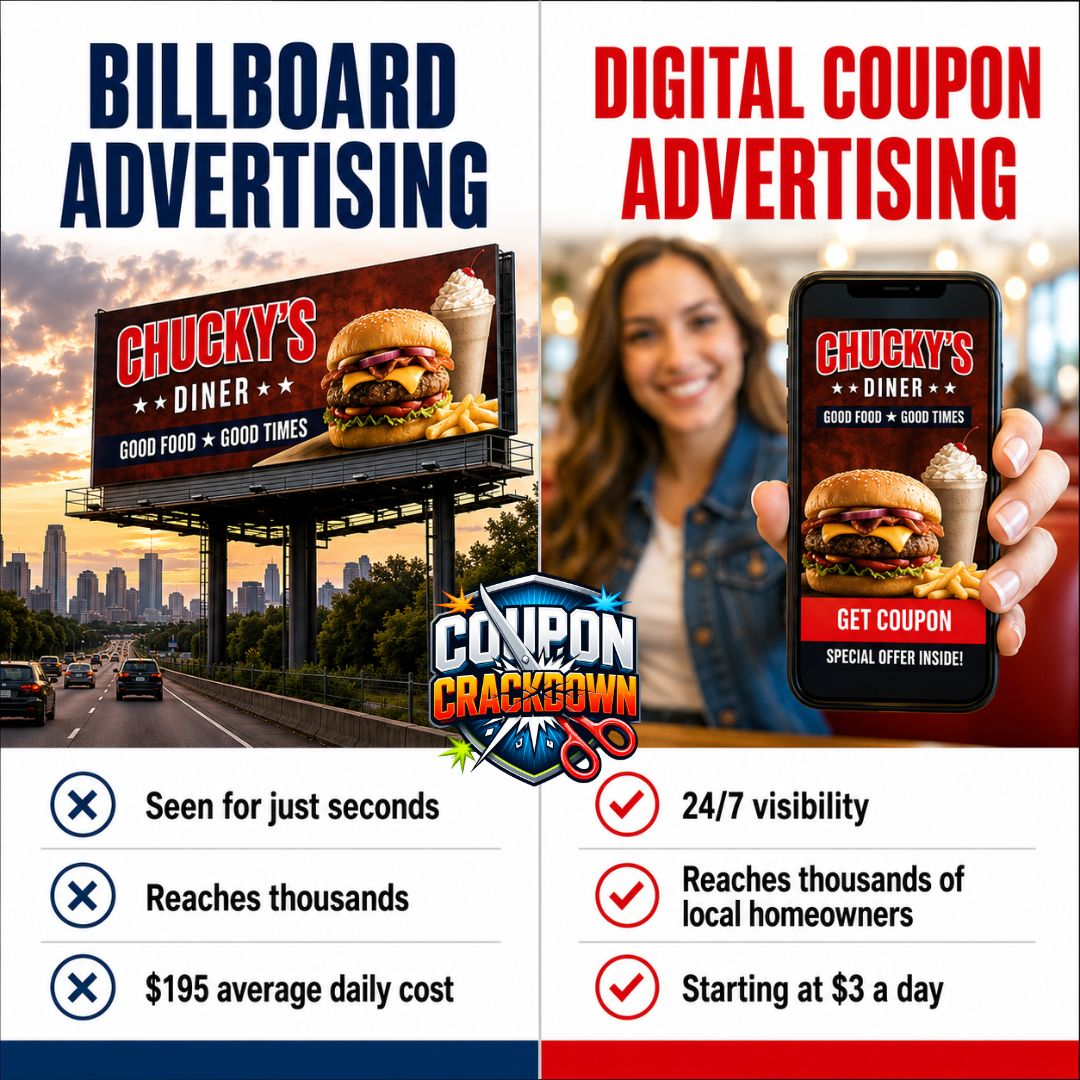 Special offer graphic for Coupon Crackdown featuring instant savings and local discount coupons in your local area.
